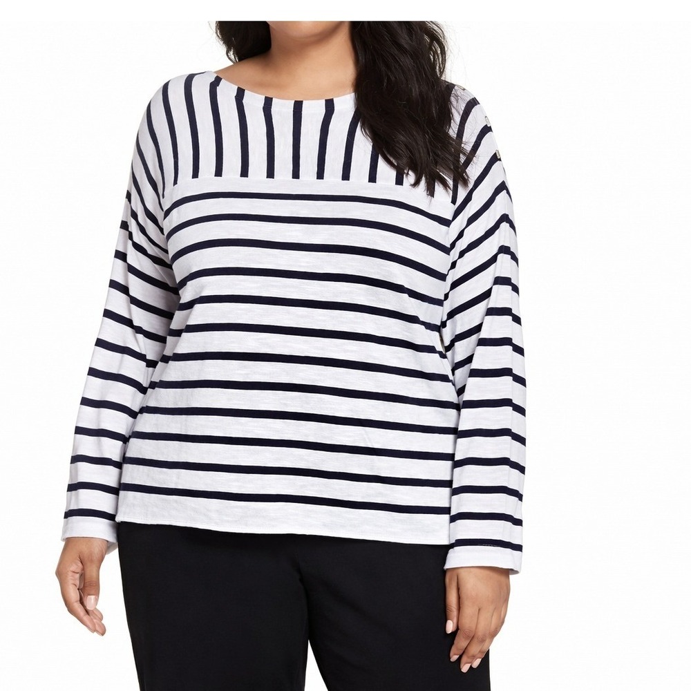 Eileen Fisher Linen Knit Striped Button Sweater Nautical Coastal Yacht‎ Preppy